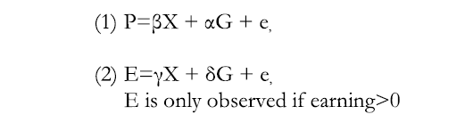 P is the probability of being in the labor force and employed which is a function of beta times X, to gamma time G to and error term.  Beta represents a series of parameters on the Xs, which are a series of independent explanatory variables.  Similarly gamma represents the parameter on G, a dichotomous variable reflecting which sample the individual is in, SSDI or VA disability. 

E is earnings and it is a function of gamma X plus delta G and an error term. Gamma and Delta are parameters and X is a vector of independent explanatory variable. G is a dichotomous variable reflecting which sample the individual is in, SSDI or VA disability. 