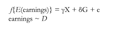 Using the above earnings equation, earnings is modeled by GLM.  GLM generalizes linear regression by allowing the model to be related to the earnings variable via a link function.  The assumption that the distributional form of earnings is normal is relaxed, allowing for numerous distributional forms represented by D.  