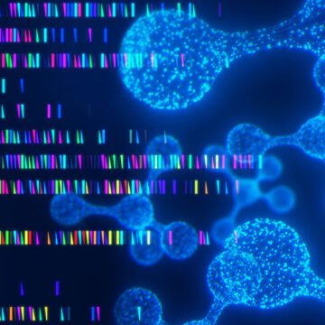 Sequencing data of genome analysis and a glowing particle molecular structure on black background.